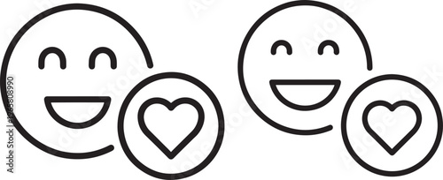 Happy Face Emoticons with Heart Icons, Line Art Illustration, Positive Emotions and Social Media Likes, User Interface