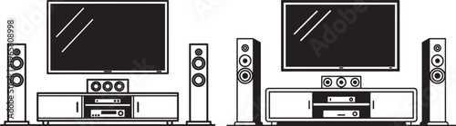 Minimalist Black and White Home Entertainment System Outline Vector Illustration with Flat Screen Television, Speakers, and Media Console, Tv Stand, Home Theater, Line Art, Living Room, Web Design