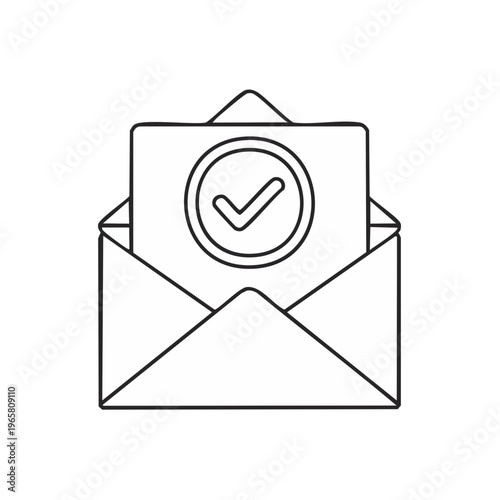 Open envelope with a document featuring a checkmark inside a circle symbol