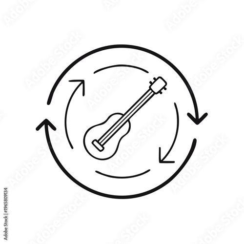 Simple line art icon representing a ukulele within a circular arrow indicating rotation or repetition