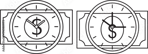 Dollar Bill and Clock Icons Representing Time is Money Concept with Financial Management with Black And White