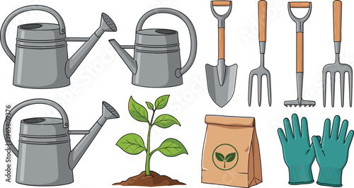 Gardening tools set with watering cans shovel rake gloves soil bag and plant sprout cartoon vector illustration collection