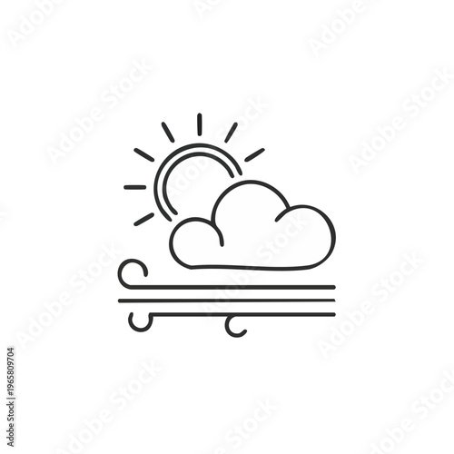 Simple line drawing of the sun partially obscured by a cloud with wind blowing across the scene