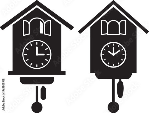 Black cuckoo clock silhouette vector illustration. Traditional German wooden wall clock with pendulum and weights isolated on white background. Classic timepiece icon for home decoration design