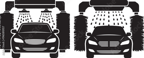 Automatic car wash service with water spray and brushes for vehicle cleaning, graphic icon set, Auto Spa, Car Care, Black And White