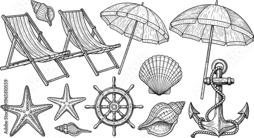 Set of 9 Hand-Drawn Nautical and Beach Elements Including Chairs, Umbrellas, Starfish, Shells, and Anchor for Summer, Coastal, and Ocean Designs