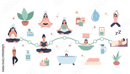 Self care illustration with people practicing yoga and relaxation techniques