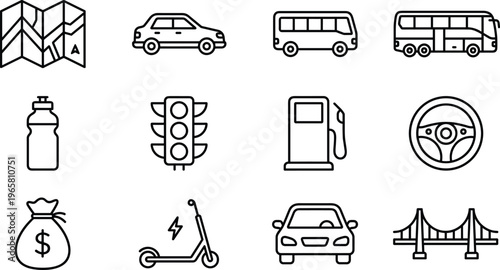 Transport line icon set vector car bus map fuel traffic steering scooter bridge navigation outline travel collection design