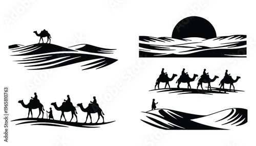 Camel silhouette vector illustrations in desert landscape with dunes and sunset