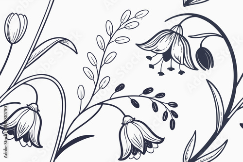 An intricate black and white line art pattern featuring elegant hanging bell flowers and leaves