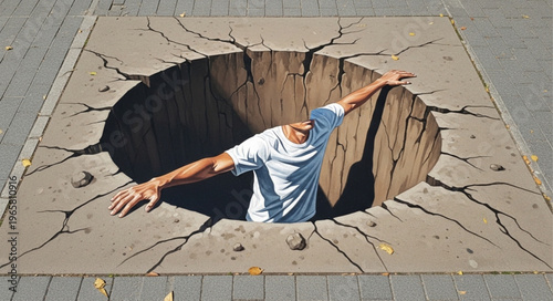 Man falling into street hole.