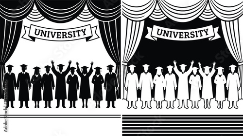 University graduation ceremony silhouettes vector black white students cap gown education celebration stage banner academic achievement illustration set
