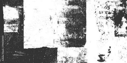 Black and white textured collage of torn paper fragments with visible text and abstract shapes background