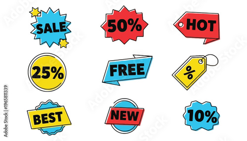 A set of colorful sale stickers and labels with discounts