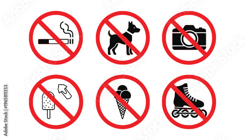 No signs icons set with cigarette, dog, camera, ice cream, roller skate