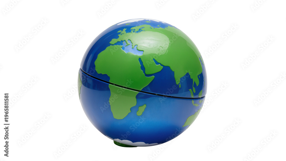 Obraz premium Compact blue green plastic Earth globe continents and oceans depicted, isolated on transparent background for global themes