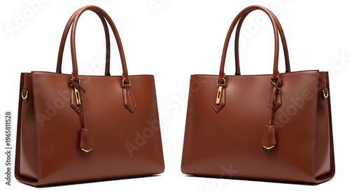 Elegant brown leather tote bag duplicated isolated on transparent background high quality