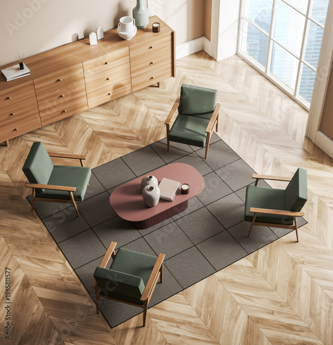 Top view interior scene with modern chairs and table in minimal style on wooden floor, concept of cozy design atmosphere, 3D Rendering