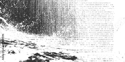 Textured black and white abstract pattern with scattered dots and lines resembling distressed paper or noise