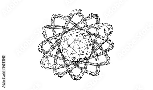 Abstract polygon atom icon vector with geometric wireframe lines and nuclear molecule design isolated on white