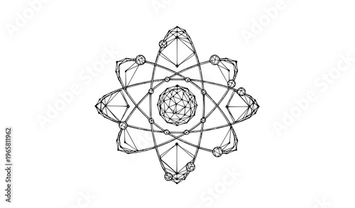 Low poly atom symbol vector with geometric triangles and connected lines abstract science molecule icon isolated on white