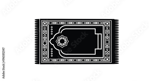 A black and white prayer rug with geometric islamic patterns
