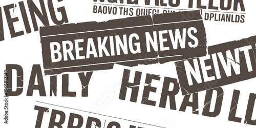 Overlapping distressed brown newspaper headlines and text fragments on white background breaking