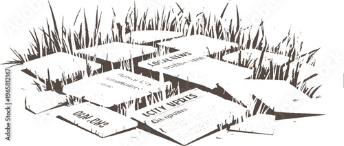 Scattered newspapers with headlines about local news and city updates lying in the grass