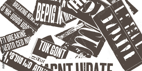 Chaotic pile of overlapping newspaper fragments with bold white text on dark brown background headlines