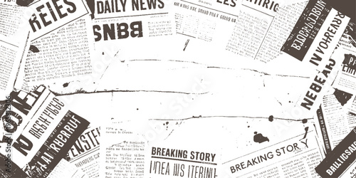 Overlapping vintage newspaper pages with bold headlines and small print text