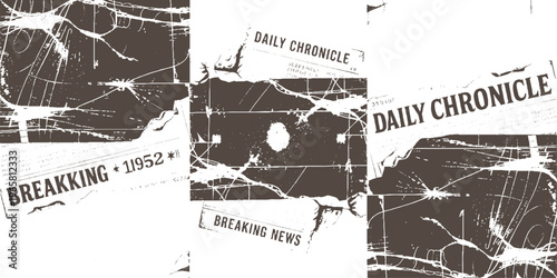 Torn newspaper fragments with breaking news headlines and abstract scratchy textures in brown and white
