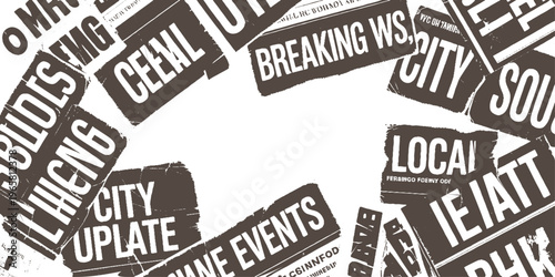 Overlapping distressed brown newspaper headlines and text fragments on white background