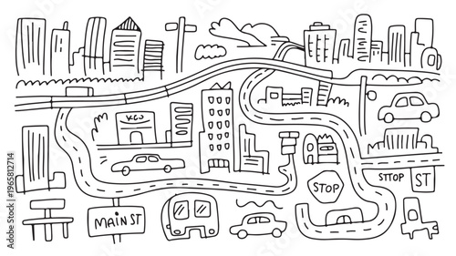 City Street Map Vector, Urban Planning and Infrastructure Map with Roads and Buildings for Metropolitan Development Concepts