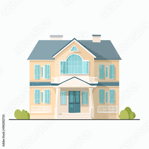 Charming two-story house with blue shutters and a welcoming porch