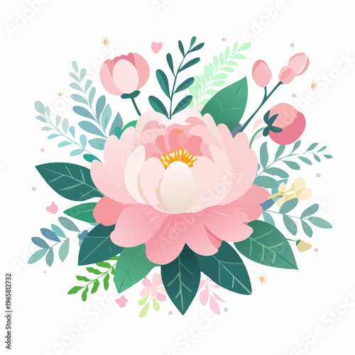 Beautifully Illustrated Floral Arrangement with Soft Pink Peonies and Lush Green Foliage, Ideal for Spring Designs