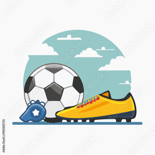 Soccer equipment a football, a whistle and a yellow boot against a cloudy sky