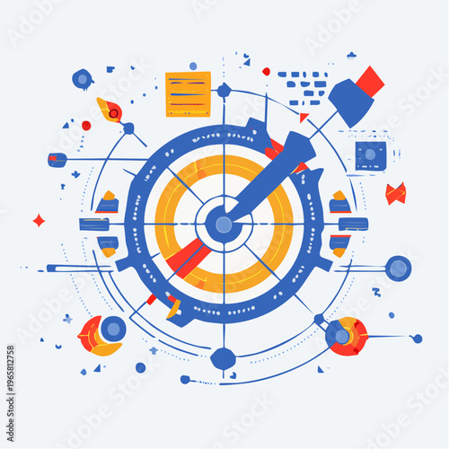 Modern Abstract Graphic Illustrating Strategic Data Analysis and Technological Innovation Through Connected Visuals