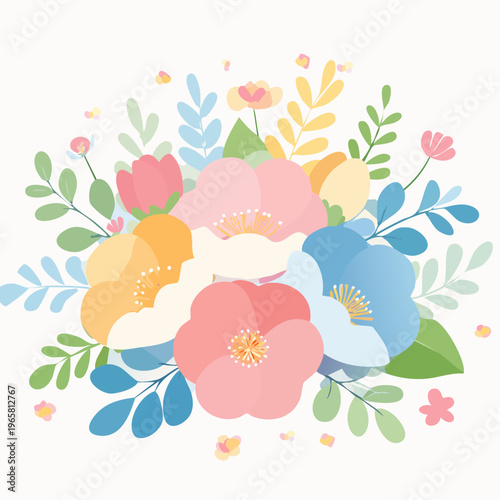 A beautiful bouquet of delicate flowers in soft pastel colors with leaves