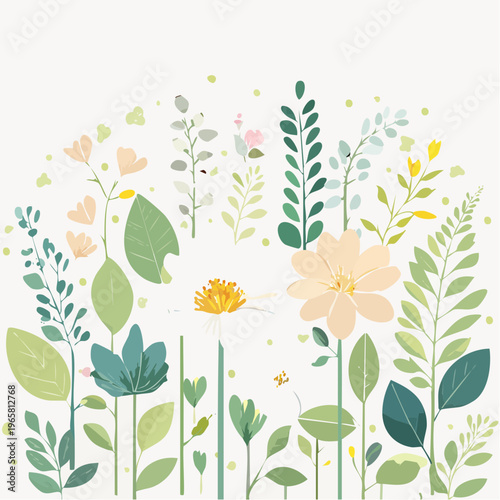 Delicate spring blossoms and lush green foliage create a vibrant botanical display, evoking natural beauty and fresh growth
