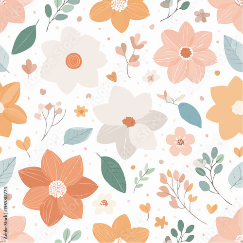 Delicate Pastel Floral Seamless Pattern with Blooming Flowers and Graceful Leaves, Perfect for Textile Designs and Backgrounds