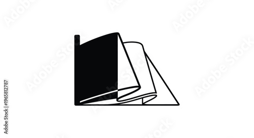 Minimalist book icon with turning pages, black and white open book vector illustration, simple linear education and literature symbol