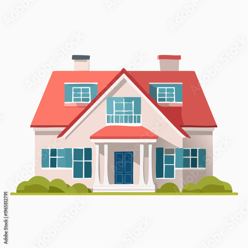 Modern flat design illustration of a charming family home with a vibrant red roof and blue accents, perfect for architecture and property-related visuals