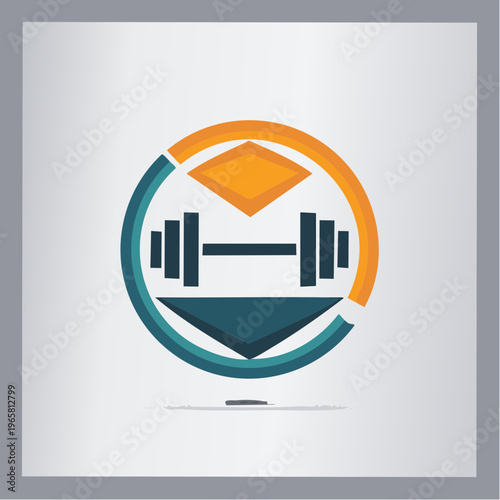 Dynamic circular fitness logo featuring a dumbbell and abstract geometric shapes for gym branding