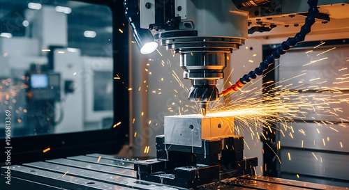 Industrial milling machine working on metal with bright sparks on transparent background