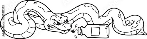 Angry Snake Holding a Bottle with Droplets in Black and White Line Art