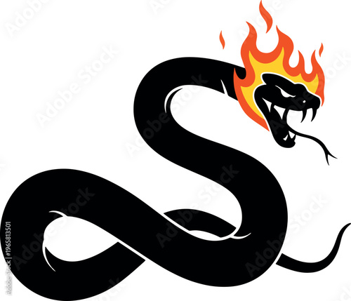Black Snake with Flaming Head Cartoon Illustration on White Background