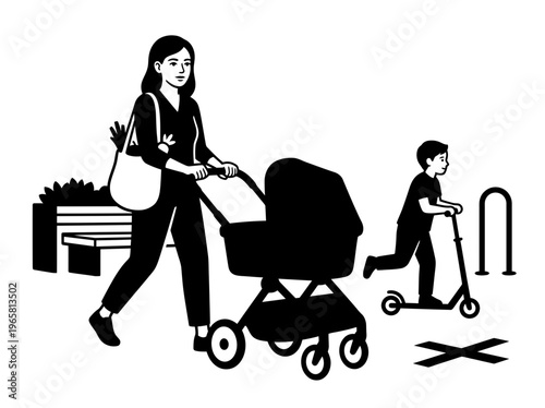 Community care mother pushing stroller with child scooter
