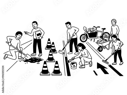 Community road repair neighbors patching potholes together