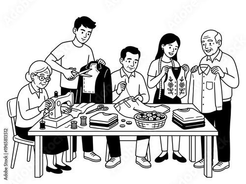 Community tailoring circle with neighbors sewing garments