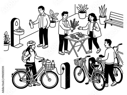 Community courtyard ebike charging and flower exchange